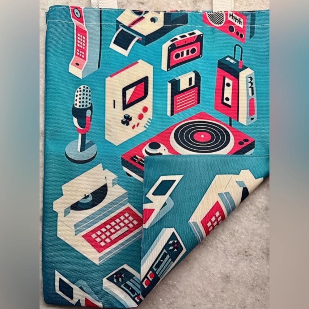New 80s Style Retro Technology Shopping Bag Tote w/ Cassette Tape Charm - 16” - Picture 10 of 10
